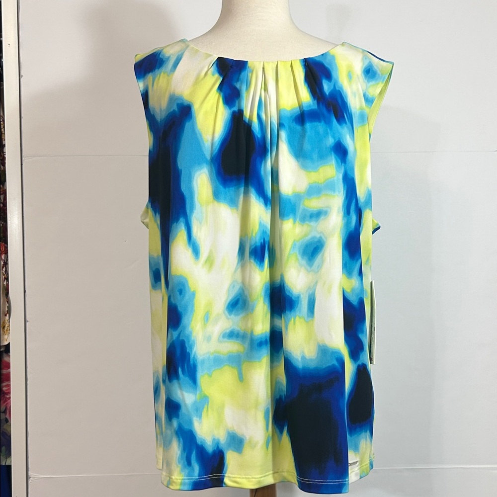 Calvin Klein Blue and Yellow Abstract Blouse Sleeveless Office Top Size 1X